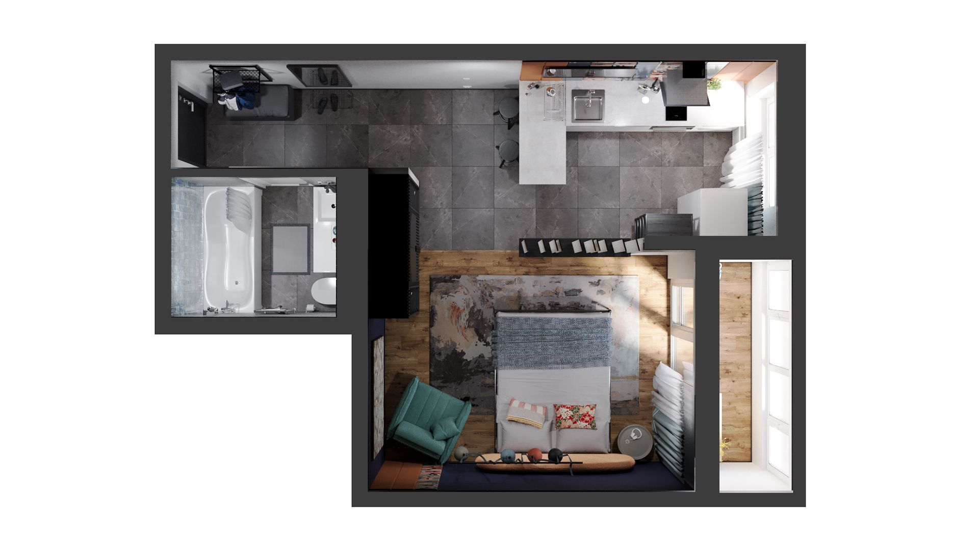 Зонирование студии 32м² в ЖК «Флора»